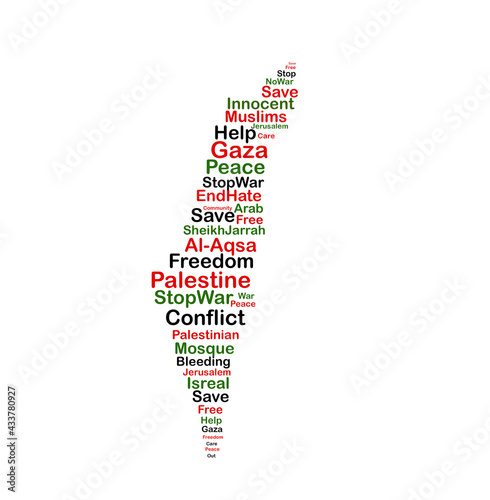 Palestine and Israel map word cloud, stop war, save al Aqsa and sheikh jarrah, solidarity with Palestinian people, help Palestine, free Palestine, stop war quotes word cloud within a map of palestine