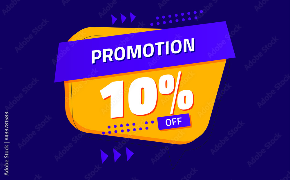 ten percent discount. purple banner with orange floating balloon for promotions and offers