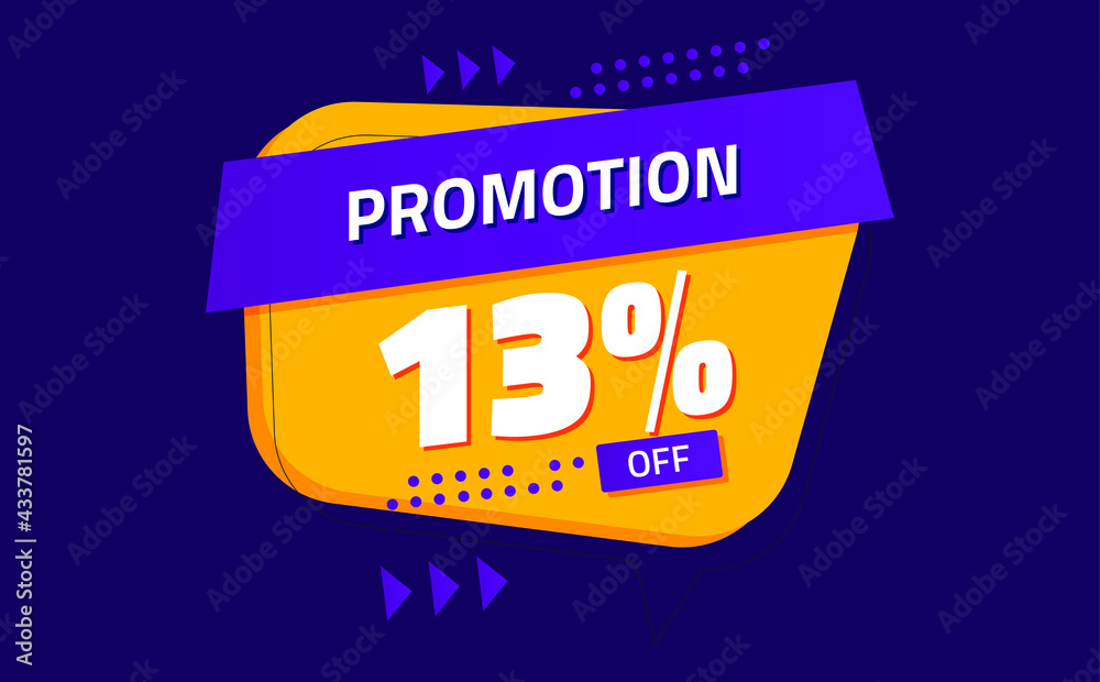 thirteen percent discount. purple banner with orange floating balloon for promotions and offers