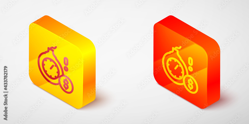 Isometric line Bomb with a explosive burning fuse and the dollar currency icon isolated on grey background. Economic crisis and business bankruptcy. Yellow and orange square button. Vector