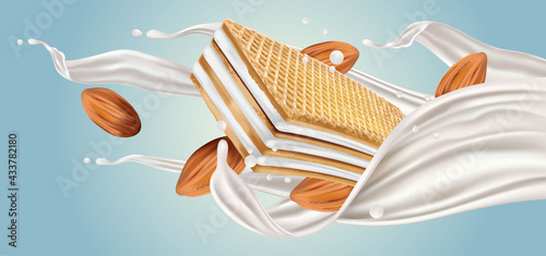 Wafers milky flavor with milk splashing in the middle isolated on solid color background. Vector realistic in 3d illustration.