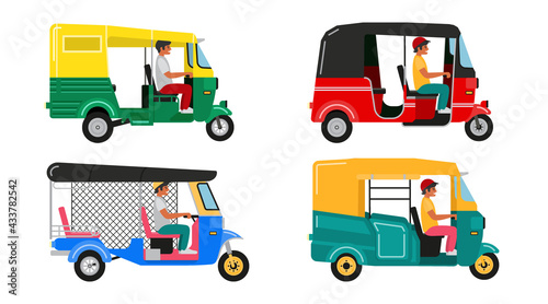Set Indian motor rickshaw car. Asian tuk tuk. Vector illustration
