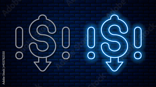 Glowing neon line Dollar rate decrease icon isolated on brick wall background. Cost reduction. Money symbol with down arrow. Business lost crisis decrease. Vector