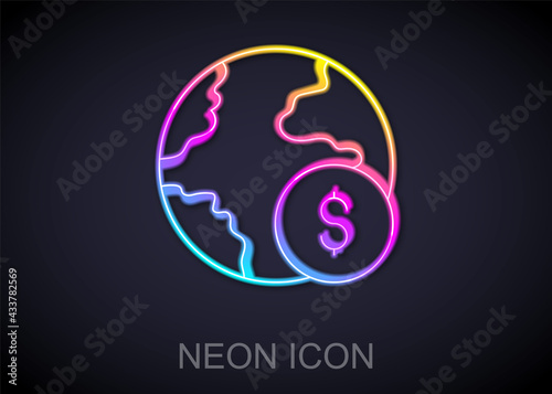 Glowing neon line Global economic crisis icon isolated on black background. World finance crisis. Vector