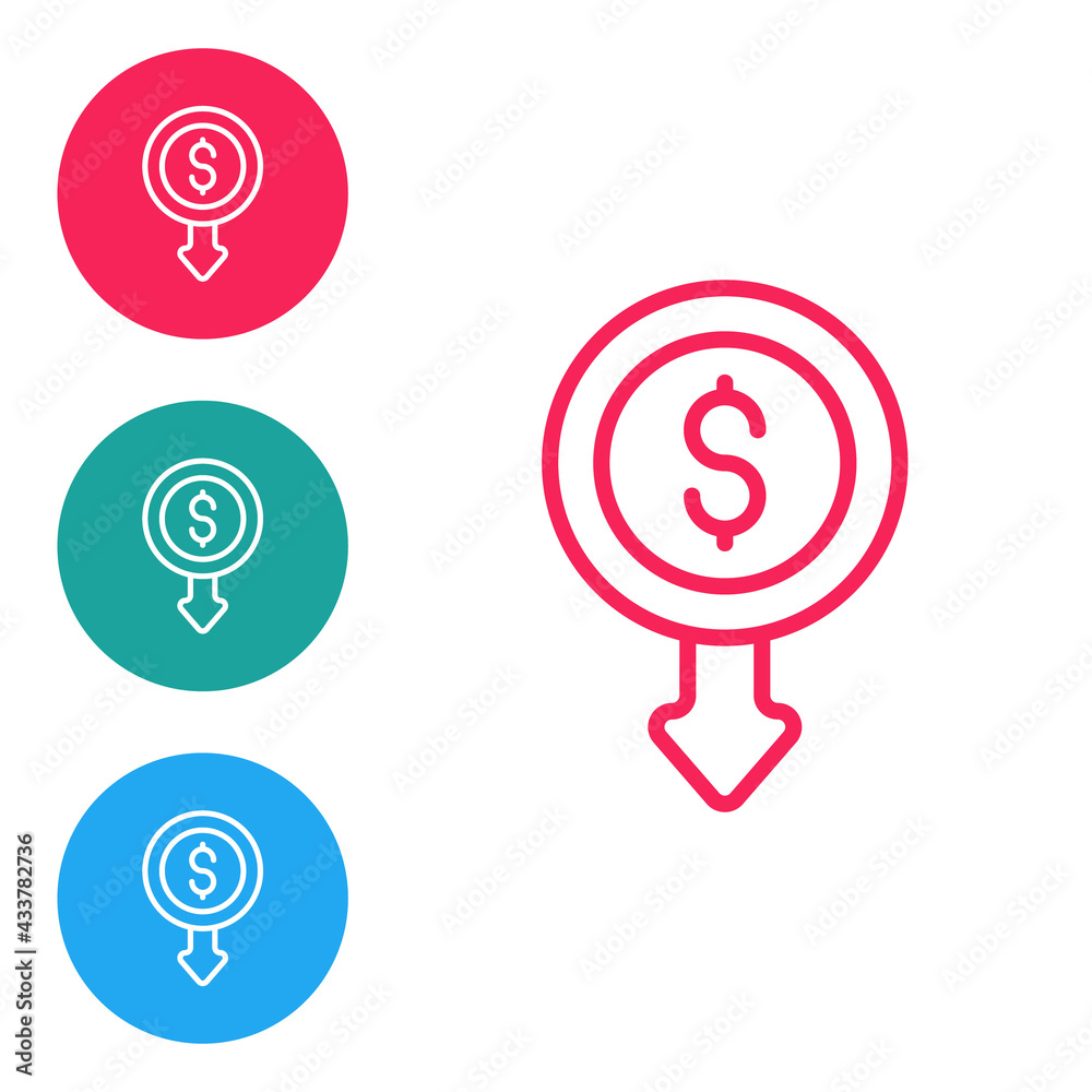 Red line Dollar rate decrease icon isolated on white background. Cost reduction. Money symbol with down arrow. Business lost crisis decrease. Set icons in circle buttons. Vector Red line Dollar rate decrease icon isolated on white background. Cost reduction. Money symbol with down arrow. Business lost crisis decrease. Set icons in circle buttons. Vector