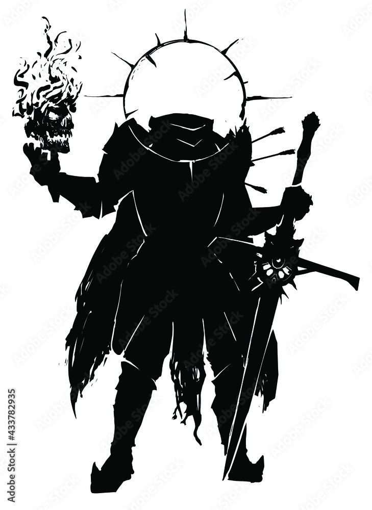 Obraz premium Black silhouette of a sinister knight without a head he will ride in plate armor and a ragged cloak, in his hands a huge sword and a fiery skull. 2d illustration
