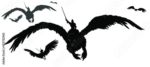 A black silhouette of an army of warriors flying on griffins into battle with swords at the ready. 2d illustration