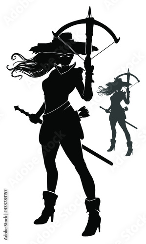 Fotografija The black silhouette of a vampire hunter girl, she stands in a big hat, her hair fluttering in the wind, she holds a crossbow and a sword at the ready