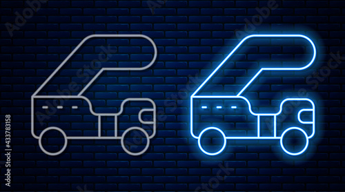 Glowing neon line Passenger ladder for plane boarding icon isolated on brick wall background. Airport stair travel. Vector