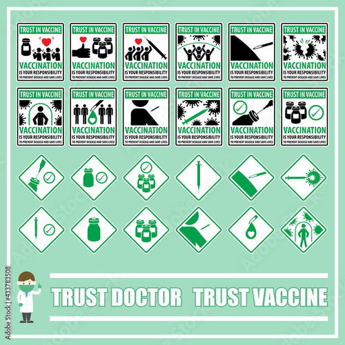 Trust in vaccine and trust in doctor, Set of signs and symbols for vaccination promotions, We will win in COVID-19 crisis together.