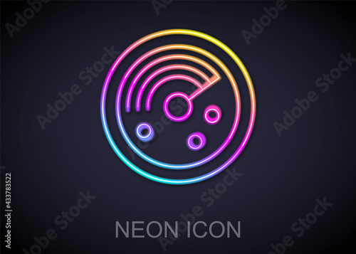 Glowing neon line Radar with targets on monitor in searching icon isolated on black background. Search system. Navy sonar. Vector