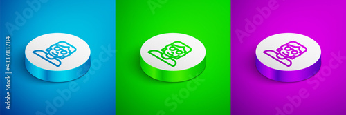 Isometric line Hacker or coder icon isolated on blue, green and purple background. Programmer developer working on code, coding, testing, debugging, analysing. White circle button. Vector