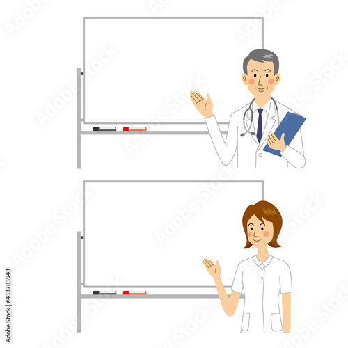 ホワイトボードの前で説明する医者と看護師
