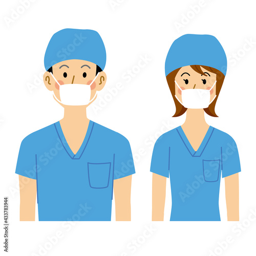 手術着の医者と看護師