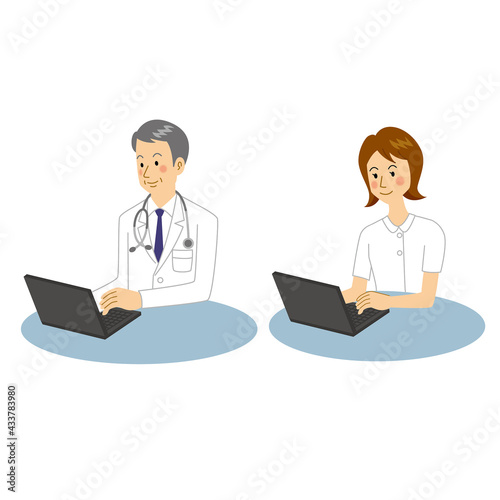 パソコンで仕事をする医者と看護師