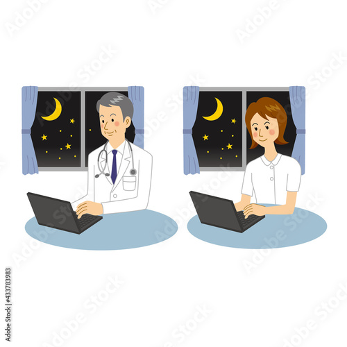 夜勤をする医者と看護師