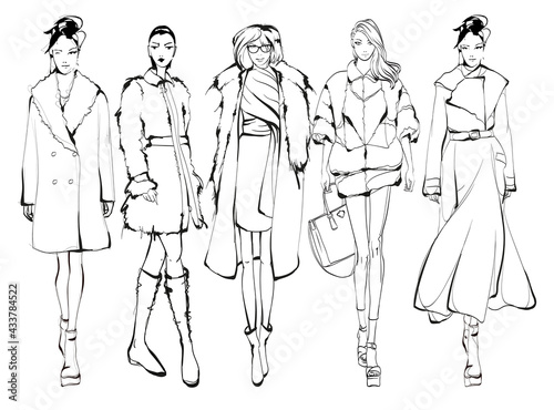Beautiful young woman in spring coat. Hand drawn fashion girl. Fashion model posing. Sketch. Vector illustration. Fashion woman look. Sketch.