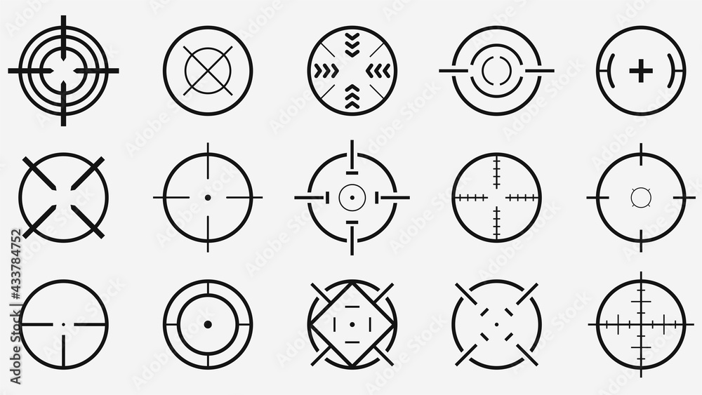 Set of aim and target. Transparent isolated aim cion on white bacgrkound. Target icon for aiming to bullseye. Black vector illustration of crosshairs icon set in isolation. Vector round aim