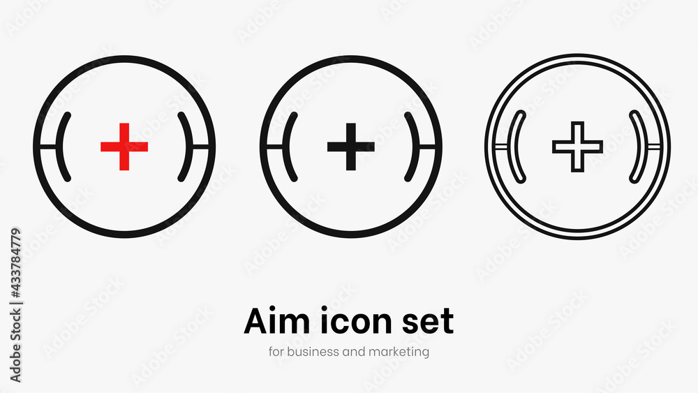 Set of aim and target. Transparent isolated aim cion on white bacgrkound. Target icon for aiming to bullseye. Black vector illustration of crosshairs icon set in isolation. Vector round aim
