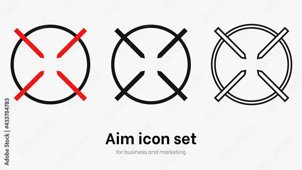 Set of aim and target. Transparent isolated aim cion on white bacgrkound. Target icon for aiming to bullseye. Black vector illustration of crosshairs icon set in isolation. Vector round aim