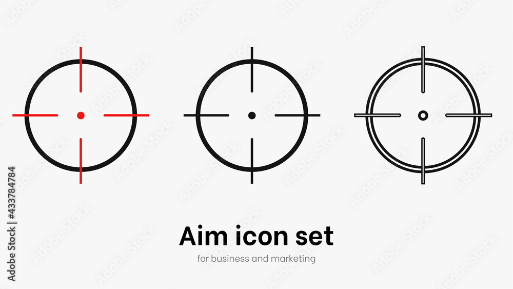 Set of aim and target. Transparent isolated aim cion on white bacgrkound. Target icon for aiming to bullseye. Black vector illustration of crosshairs icon set in isolation. Vector round aim