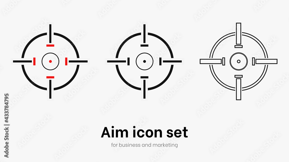 Set of aim and target. Transparent isolated aim cion on white bacgrkound. Target icon for aiming to bullseye. Black vector illustration of crosshairs icon set in isolation. Vector round aim