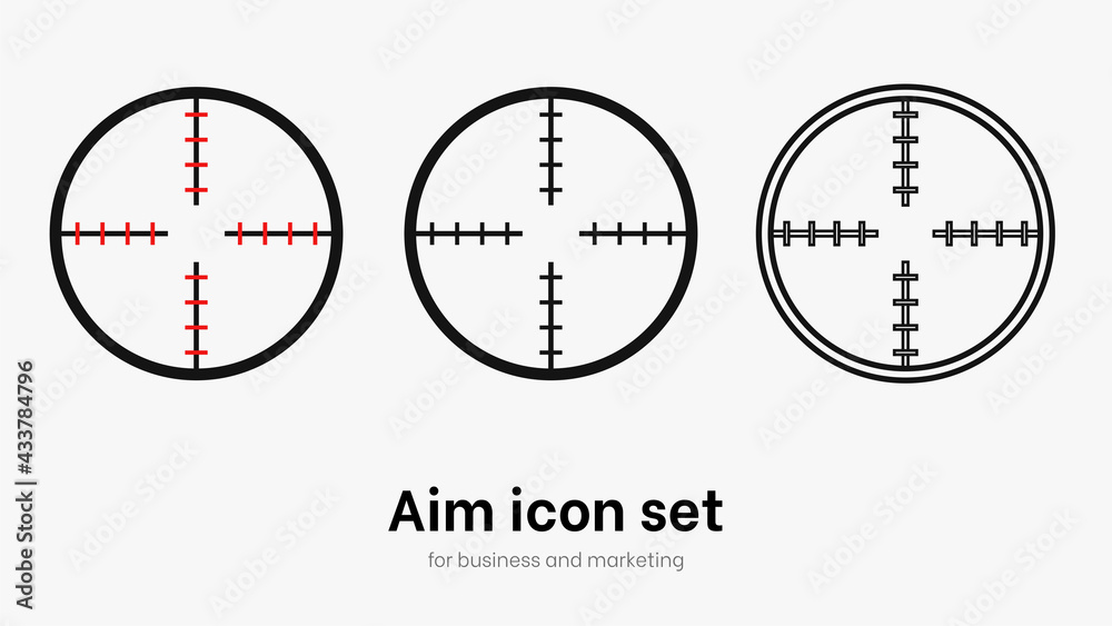 Set of aim and target. Transparent isolated aim cion on white bacgrkound. Target icon for aiming to bullseye. Black vector illustration of crosshairs icon set in isolation. Vector round aim