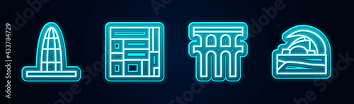 Set line Agbar tower, House Edificio Mirador, Aqueduct of Segovia and Concert hall de Tenerife. Glowing neon icon. Vector