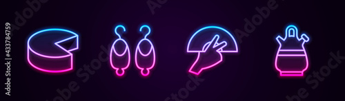 Set line Cheese, Earrings, Fan flamenco and Sangria pitcher. Glowing neon icon. Vector