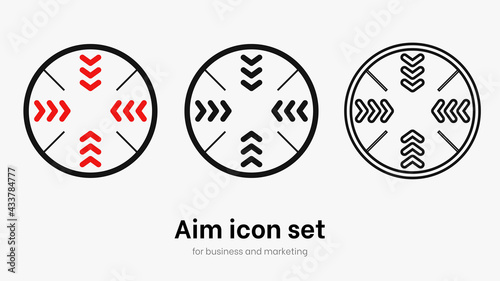 Set of aim and target. Transparent isolated aim cion on white bacgrkound. Target icon for aiming to bullseye. Black vector illustration of crosshairs icon set in isolation. Vector round aim