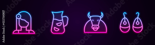 Set line Spanish woman, Sangria, Bull and Earrings. Glowing neon icon. Vector