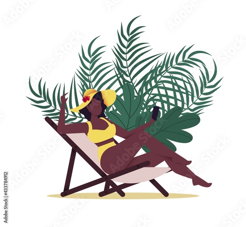 Woman in swimsuit summer vacation on tropical beach. Blue sea island resort. Summer vacation concept. Girl bikini travel. Tropical island paradise. Palm leaves, ocean wave seaside. Woman takes selfie