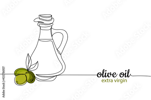 Continuous one line of glass bottle jug of olive  oil in silhouette. Linear stylized. Minimalist.