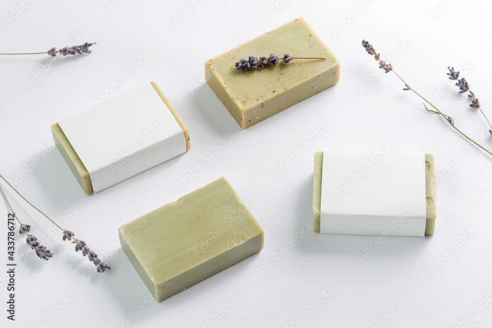 closeup of natural herbal soap mockup with lavender - obrazy, fototapety, plakaty 