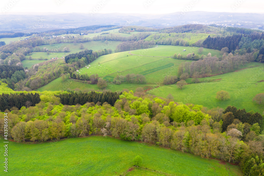 the siegerland forest and meadows from above in germany in spring