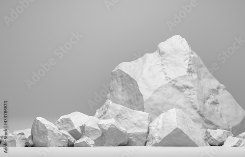Stone and Rock shape 3d render illustration. Empty space for brand product exhibition. Gold white color. Mockup template for ads design. 