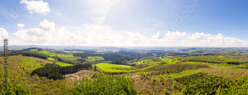 the siegerland forest and meadows from above in germany in spring as a high definition panorama