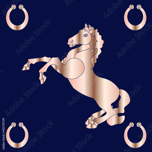 The horse is on its hind legs. Feng shui postcard. The symbol of Chinese culture. Gold silhouette on a blue background.
