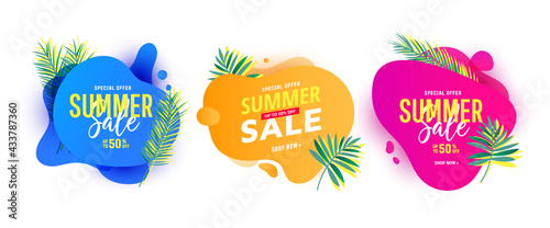 Trendy liquid abstract geometric bubble with green tropical palm leaves. Summer banner pack