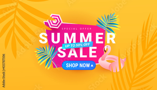 Colorful summer sale banner design background with flamingo and leaves. Vector Illustration