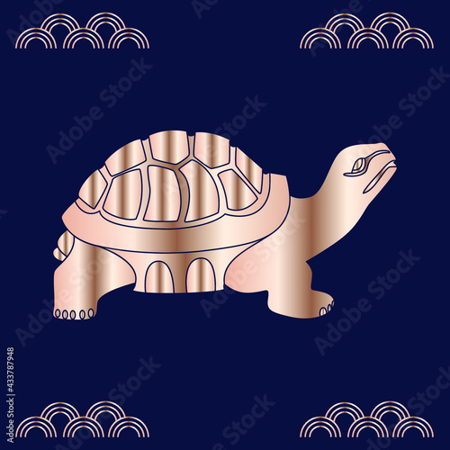 Turtle. Feng shui postcard. The symbol of Chinese culture. Gold silhouette on a blue background.