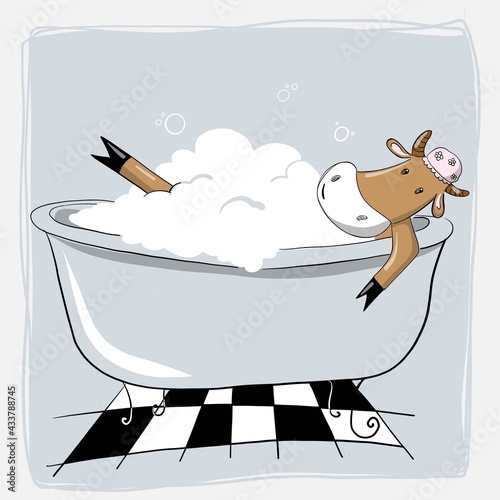 cute funny cow bathing, hand drawn vector clipart, children's illustration