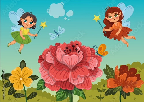 Two cute fairies flying near flowers. Vector illustration.
