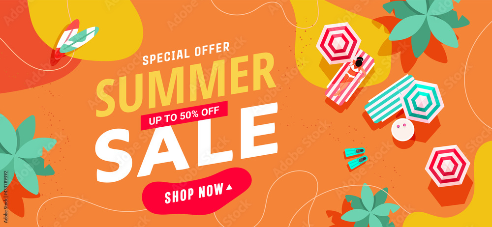 Summer sale text template bannerwith tropical beach, little people, umbrellas and beach accessories for posters, covers, wallpapers with place for text.
