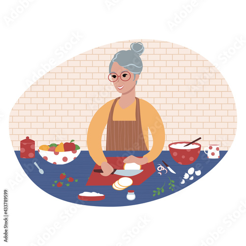 Senior woman preparing a meal. Flat style illustration.