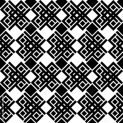 Diagonal seamless ornament. Vector same shapes and little rhombuses. Black color of shapes and white background.
