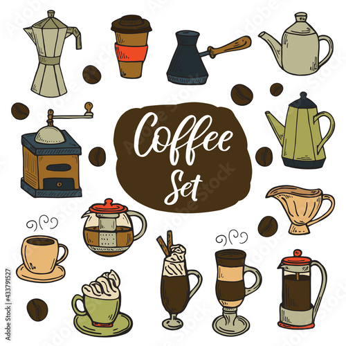 Coffee doodles icons set. French press, cup of coffee, latte, cappuchino, espresso, grinder, pots, coffee beans, creamer, etc.