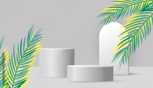Cosmetic product podium, branding and packaging presentation with green tropical palm leaves, soft wave Vector illustration