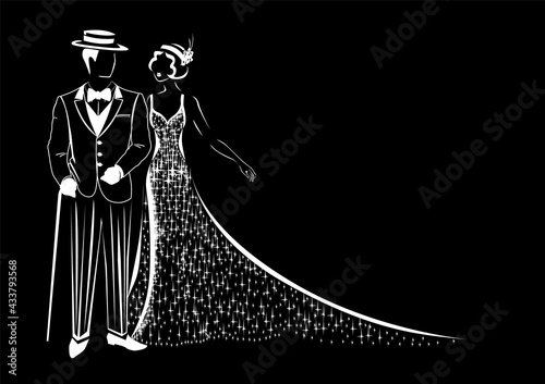 Beautiful Couple in retro evening clothes 1920. Vector silhouette of a man and a woman in vintage style drawn by lines for decorating a flyer, postcard or label