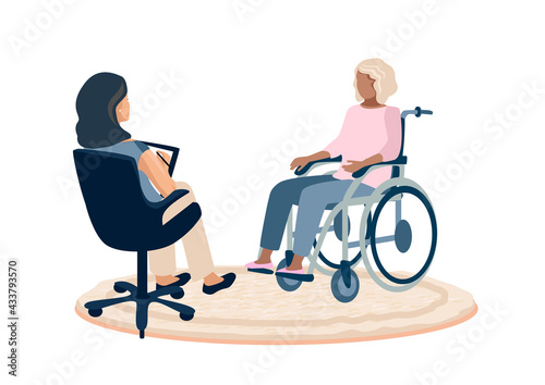 This disabled young girl in a wheelchair in the psychologist's office and talks about her experiences and problems.Rehabilitation and adaptation of people with disabilities vector illustration for car